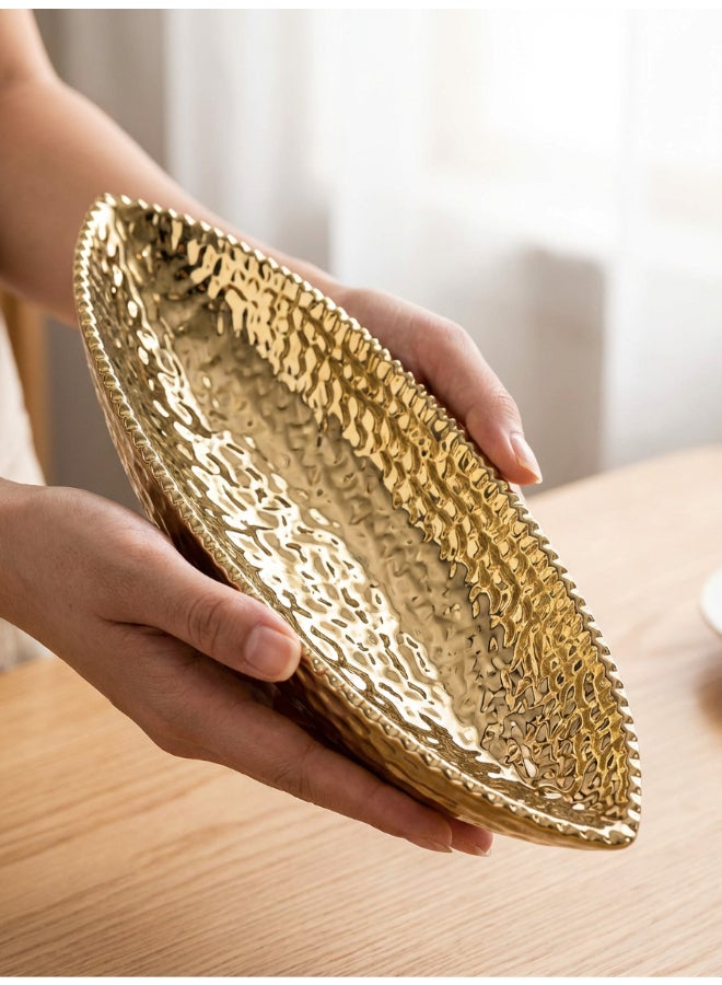 Noon East Ceramic Platter for Décorative arrangementLength- 22.5 cm | Gold Color | Hammered Decadance Design | Size -22.5x7.3x9 cm | Perfect for decorativing your living room, Ideal for decorating coffee table, dinning table, console table or any office or living space - Image 2